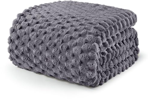 Exclusivo Mezcla Mjuk fleecefilt i dubbel storlek, 152 x 203 cm, elegant jacquard-sammetsfilt för säng, luddig, mysig, lätt, för hela säsongen, grå
