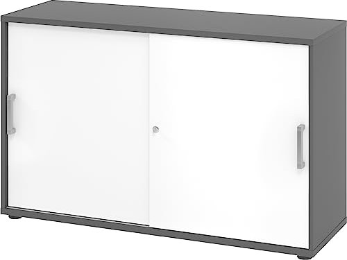 bümö Schiebetürenschrank 2OH - Aktenschrank abschließbar, Sideboard Schrank mit Schiebetüren in Graphit/Weiß, Chromgriff - Büroschrank aus Holz mit Schiebetür, Büro Kommode für Ordner & Co.