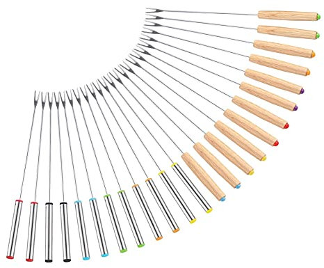 TsoLay 24 Stück Edelstahl-Fonduegabeln, 12 Holzgriffe und 12 Edelstahlgriffe, hitzebeständige Smores-Sticks