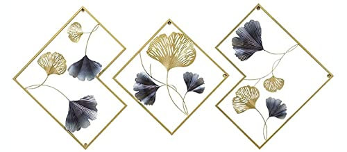 TEmkin Wanddekoration aus Metall, 3Er-Set, 3D-Wandornament, Wandskulptur aus Metall In Goldgrau, Ginkgo-Wanddekoration, Wanddekoration, Garten, Wohnzimmer, Schlafzimmer, Esszimmer,164 X 70,5 cm