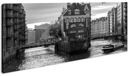Leinwandbild Hamburg Speicherstadt Kanal bei Nacht Panorama Format: 80x40 cm Effekt: Schwarz&Weiß XXL Kunstdruck Bild auf Keilrahmen/Wandbild/Wohnzimmer Deko