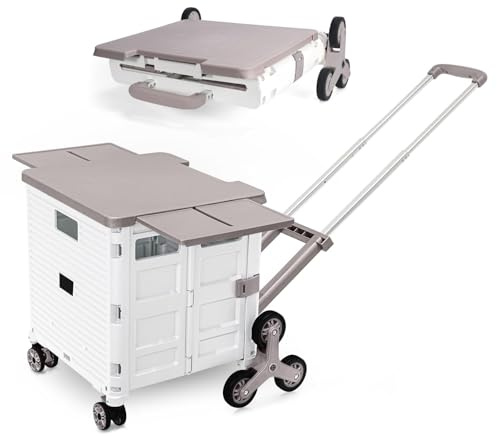 Chariot de Courses Pliable, Chariot Utilitaire Portable avec Roues Escaladant les Escaliers, Couvercle Magnétique, Capacité de 80 kg, Caisse Roulante pour le Camping, le Rangement des Outils - Blanc U