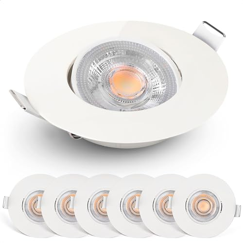 EMOS LED Einbaustrahler 230V Dimmbar, 4,9W / 480lm, 50° Schwenkbar, Warmweiß 2700K | Set mit 6 Stück LED Spots 230V Ultraflach, Rund | Deckenspots Dimmbar für Innenräume, Weiß