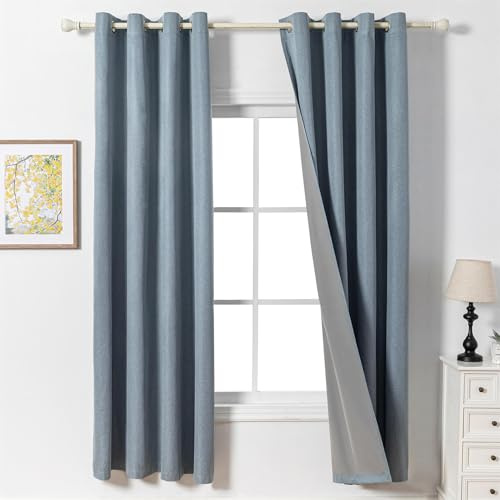 MYSKY HOME Blickdichter Vorhang mit Ösen Gardinen Kälteschutz Verdunklungsvorhänge Leinenoptik Blickdichte Gardine für Wohnzimmer,Graublau,2er Set H 225 x B 140 cm.