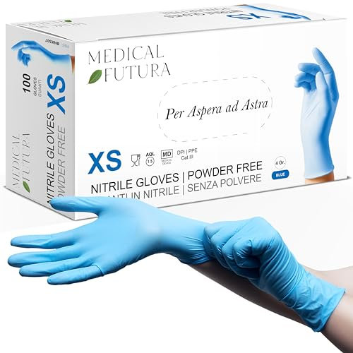 MEDICAL FUTURA - 100 Guanti in Nitrile XS Blu Monouso Anallergici Gr. 4.0, Senza Polvere, Senza Lattice, Ottimi per Estetisti, Tatuatori, Officine, Ambiti Medici e Manipolazione Alimenti (XS, Blu)
