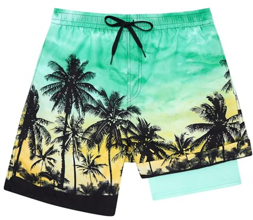 kids4ever badbyxor pojkar barn badshorts med kompression foder 2 i 1 snabbtorkande strandbyxor surfshorts korta simbyxor 7–18 år, Grön Hawaii, 10-12 År