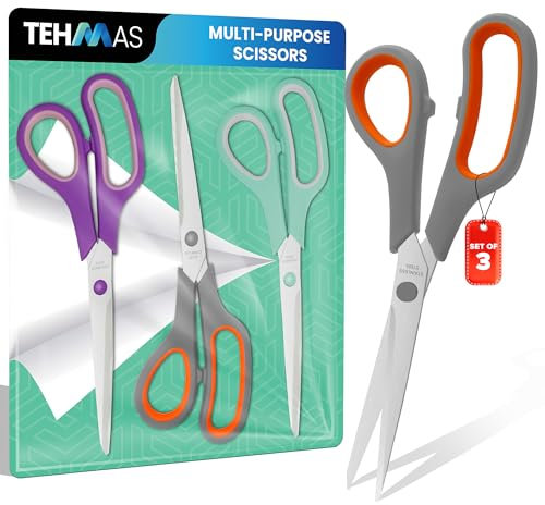 TEHMAS 8.5 Pack of 3 Office Scissors- Multi-Purpose Set for School, Paper and Crafting – Durable Stainless Steel Scissors for Students and Professionals – Ergonomic & Comfortable Grip