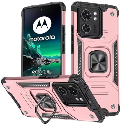 KANSi Funda para Motorola Moto Edge 40 Neo, Capa Anillo iman Soporte Hard PC y Silicona TPU Antigolpes Armor Carcasa - Oro Rosa