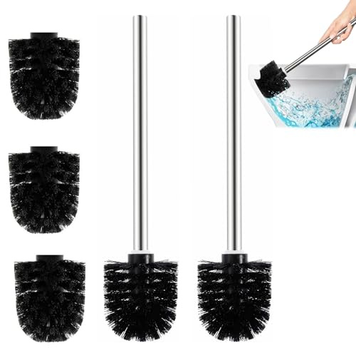 VireEyU Juego de 2 Cepillos de Inodoro con 3 Cabezales de Repuesto, Cepillo de Baño de 7,5 cm de Diámetro, Cepillo WC con Mango de Acero Inoxidable, Cepillo para Inodoro de Acero Inoxidable, Repuesto