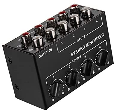 Funien Mini Mixer Audio Stereo con ingressi RCA a 4 canali Controlli di Volume Separati Guscio in Metallo Pieno