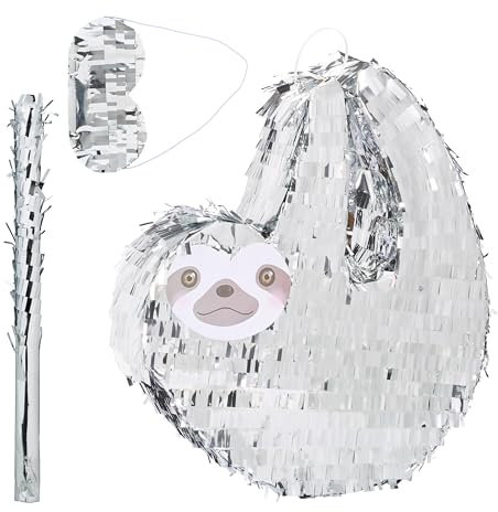 Relaxdays Piñata en Forme de Paresseux, à Suspendre, pour Fille ou garçon, avec bâton et Masque, argentée