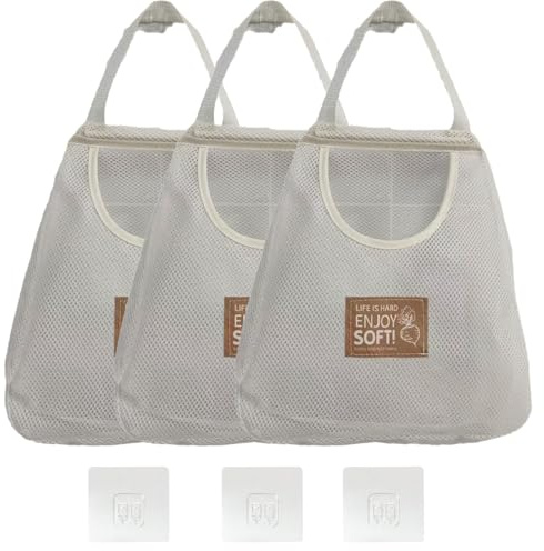 3er-Pack Einkaufstaschen aus Netzgewebe + 3 Haken, waschbare Einkaufstaschen aus Netzgewebe, wiederverwendbare Taschen zum Aufhängen an der Wand für die Aufbewahrung in Küche, Zuhause und im Wohnmobil