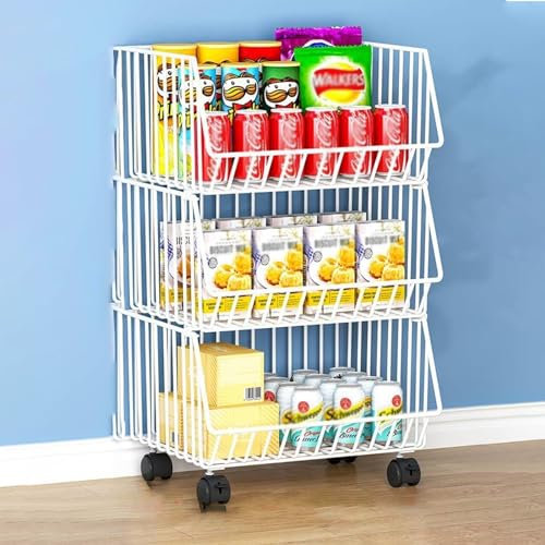 Cestino Frutta e Verdura, Carrello portaoggetti con Ruote a 3, 4 e 5 Strati, ripiano portaoggetti in Filo Bianco per Sala Cinema, Cucina, Negozio al Dettaglio, dispensa, Festa, organizza Snack/bevand
