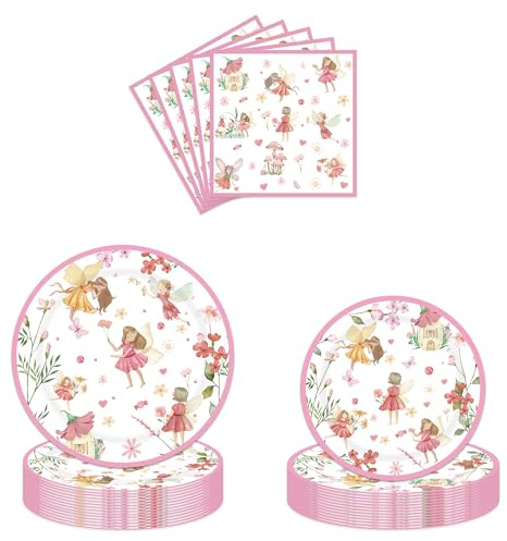 Fairy Birthday Party Tableware Set - 96 Pcs Pink Flower Fairy Plates Napkins Party Decoration Supplies For Girls Kids Butterfly Theme Birthday Favors Tableware Decorations Serve 24 Guest