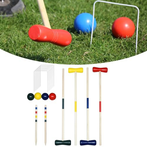TANYEAR Krocket Set Croquet Set Outdoor Krocketspiel für 4 Spieler, mit Schlägeln Holzheringe Wickets Bällen, Gartenspiel Traditionelle Holzspielzeug Geschicklichkeitsspiel