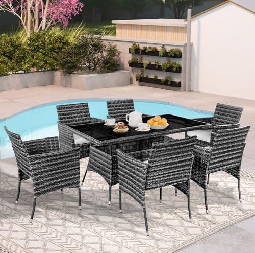 Chiidou 7 Piece Rattan Garden Furniture Set - Outdoor Dining Set with Washable Cushions & Tempered Glass Table, PE Wicker Bistro Set for Gardens, Patio, Balcony