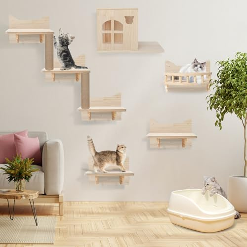 Katzen Kletterwand, 9 Pcs Katzenwandmöbel Set, Katzenregale und Sitzstangen für Wand, Holz Wandmontage Kletterregal mit Sitzstangen Sisalpfostenleiter Katzenzimmer Kratzbaum, zum Schlafen, Spielen