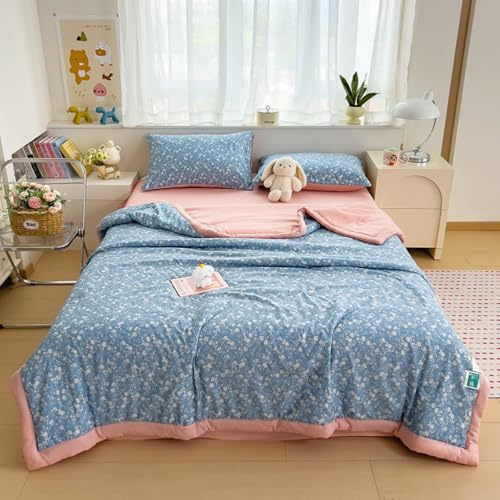 Odot 2,5 Tog Couette sans Housse Lavable, Couette Réversible Ete Legere et Fine - Douce et Confortable, Légère Respirante Couverture Rafraichissante d'Été (220 * 240cm,Fleurs Bleues)