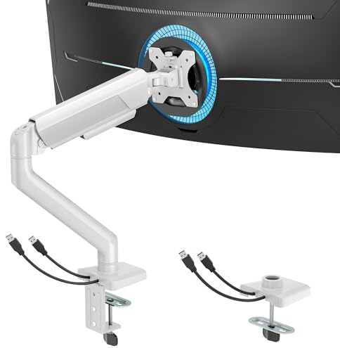 ARES WING Monitorarm mit USB-A/C für 17-40 Zoll Monitore, bis 12kg, Weiß | Höhenverstellbar, VESA 75/100, für Flach- und Curved-Monitore, Tischhalterung