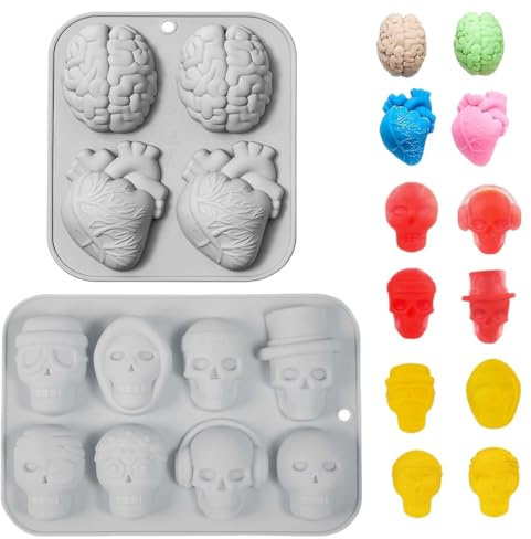 UZYXC 2X Halloween Silikonformen: 8er Totenkopf + 4er Gehirn/Herz Set, Lebensmittelechte Schokoladenformen Spülmaschinenfest, Mehrfachfach-Design für Schokolade, Inklusive Totenkopf- und Organ-Formen
