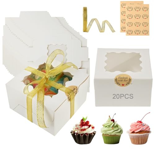 20 Pcs Individual Cupcake Boxes with Window, 10.2x10.1x6.5cm White Cookie Box with 24 Stickers and Golden Ribbons, Square Brownie Box, Mini Cake Boxes for Packaging, Cakes, Strawberries, Donuts
