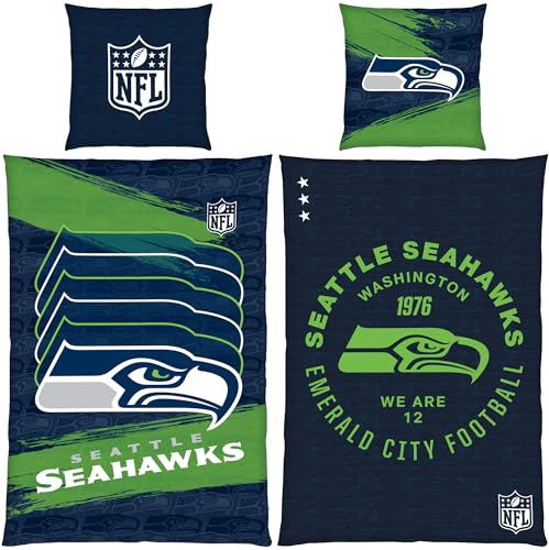 NFL Seattle Seahawks WE Are 12 Bed Linen 135 x 200 cm + 80 x 80 cm Cotton Renforcé Linon American Football Reversible Motif YKK Zip Fan Item