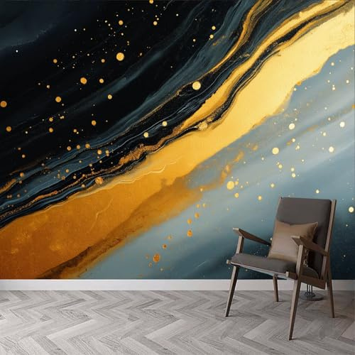 Eleganter Luxus Kinderzimmer Fototapete Wandbild, Schwarz Gold Tintenspritzer Marmor Streifen Tapeten Vliestapete für Wohnzimmer Schlafzimmer Fototapete - leicht anzubringen Wandtapete 250 x 175 cm