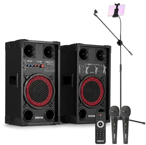 Fenton SPK-108 Karaoke Machine Bundle with Bluetooth Speakers, Adjustable Tripod Stand, Tablet Holder & Dual Wired Microphones - Complete Home Karaoke System for Adults & Parties