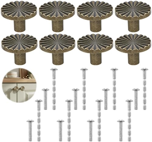 JISRKP Antique Brass Door Knobs, Antique Brass Cupboard Handles, 8 Pack Cabinet Knobs with 16 Screws (2 Sizes), 3 * 2 cm Drawer Knobs for Wardrobe and Cupboard Doors