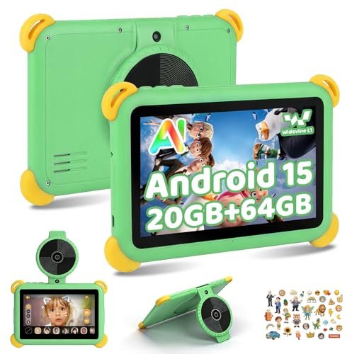 Ainmel Kids Tablet 7 inch Android 15 Tablet for Kids, 20GB+64GB (TF 1TB), Android Tablet with Parental Control, AI Dual Cam & Learning, WiFi 6/BT 5.3, Widevine L1,Tablet with Protective Case - Green