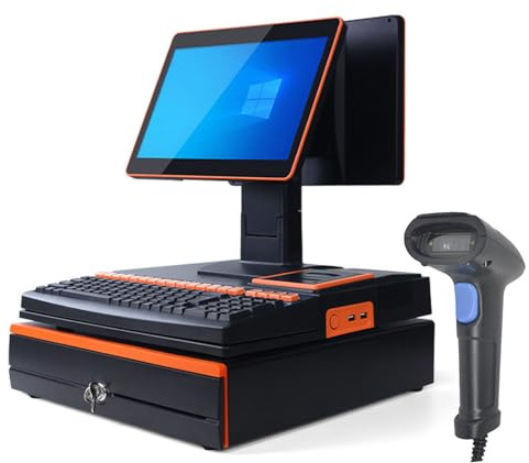 BEESOM Touch Casier Terminal Self Bestell Kasse,Registrierkasse,15,6 Zoll Touchscreen + Multi-Winkelverstellung,58mm Drucker + Kassenschublade,Café/Getränkemarkt Double