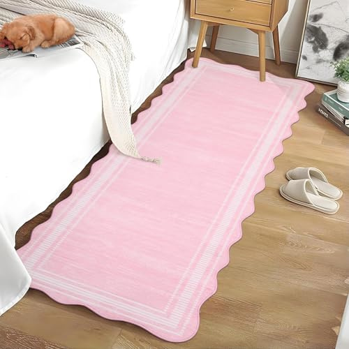 Teppich Läufer für Flur, 60 x 180 cm, Wellenkante Moderner Teppich Rosa | Waschbar Rutschfest Einfarbig Bedruckt Moderner Weicher Kurzflorteppich