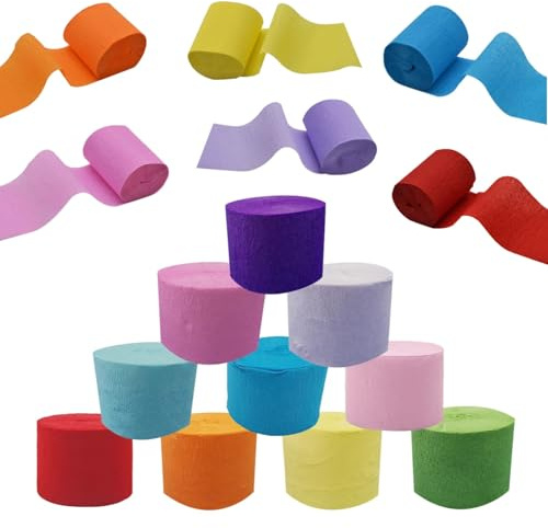 BUKCYUE 10 Rollen buntes Krepppapier, Kreppband Bunt Luftschlangen, Regenbogen Kreppband, Multicolor Papierr, Für Feiertage, Partys und Hochzeitsdekorationen, 4,5 cm x 25 m/Rolle