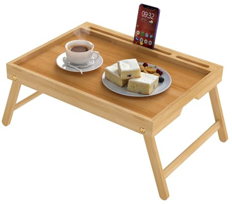 Bamboo Bed Tray Table with Folding Legs, Breakfast Tray for Bed & Sofa, Laptop Desk with Phone & Tablet Holder, Foldable Lap Tray for Eating & Working