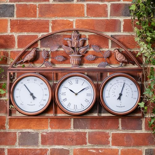 Garden Gear Wall Clock and Weather Station Copper Colour 3-in-1 Outdoor Clock Thermometer Hygrometer Floral Bird Design Weatherproof
