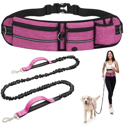 Faneam Joggingleine Hunde mit Bauchgurt Hüfttasche, Freihandleine für Große und Mittelgroße Hunde, Elastische Laufleine mit Doppelgriff 150-220cm, Reflektierende Hundeleine zum Joggen, Rosa