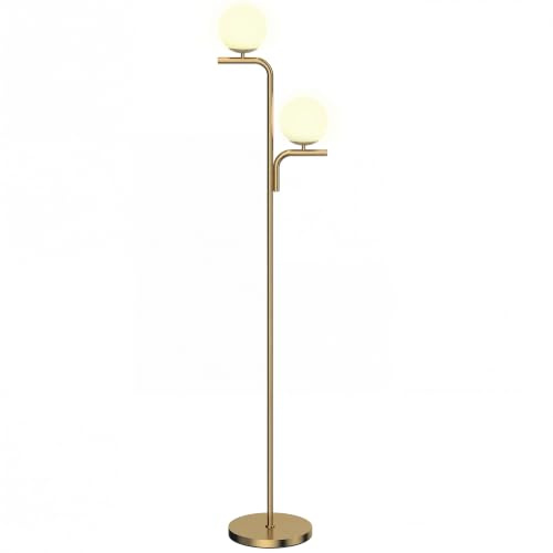 HOMCOM LED Stehlampe mit 3 Farbtemperaturen, Glaskugelschirme, Büro, Gold | Wohnzimmer Stehleuchte, Dimmbar, mit 2 Glühbirnen, Fußschalter, Stahlrahmen, Standlampe für Schlafzimmer, Arbeitszimmer