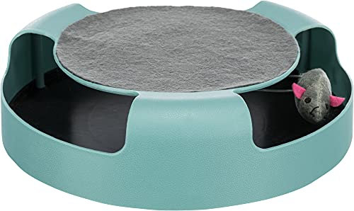 TRIXIE Katzenspielzeug Catch the Mouse - Maus im Inneren versteckt und drehbar - Kratzfläche auf der Oberseite - rot oder grün - zufällige Auswahl - Kunststoff/Plüsch - ø 25 x 6 cm - 41411