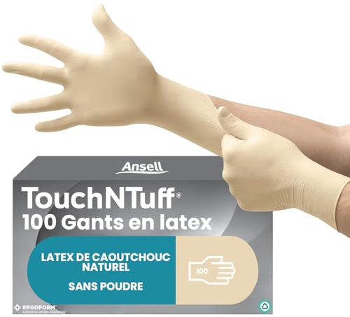 Ansell TouchNTuff 69-318 Latex engångshandskar, Pulverfria gummihandskar, Multifunktionella, Matförberedelser, Rengöring, Kök, Vaktmästare, Kemisk, Mekanik, Vit, S (100 handskar)
