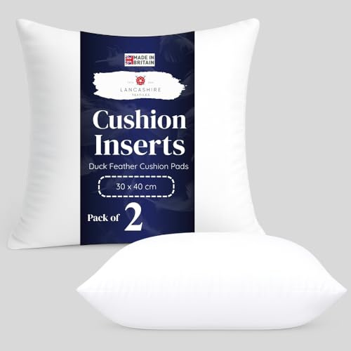 Lancashire Textiles Cushion Pads Generously Filled With Ethically Sourced Duck Feathers Encased In Pure Cambric Cotton Cover 2 Pack 16 x 16 (40cm) - 100% Downproof Cotton Cover - Made in UK