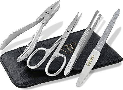 Maniküre Etui Echt-Leder Nagelzange Nagelschere schräge Pinzette + Saphir Nagelfeile aus Solingen
