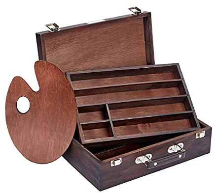 KINGART Wood Art Storage Box With Espresso Stain, 2-Tier Wood Case with 10 Dividers, Holds Markers, Paint, Brushes, Pencils, And More