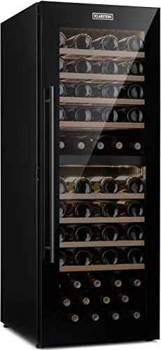 Klarstein Weinkühlschrank, Getränkekühlschrank Schmal, 2 Zonen Kühlschrank mit Glastür, Getränkekühlschränke Freistehend, Weinkühlschrank Klein, Weinkühlschränke mit UV-Schutz, 5-20°C, 77 Flaschen