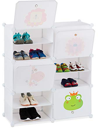 relaxdays Etagère Chaussures Enfants,12compartiments pour 24 Paires, Motifs Animaux, Extensible HxlxP:95x84x31,5cm, PP, Plastique ABS, métal, 95 x 84 x 31,5 cm