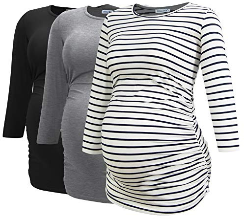 Smallshow Piani di maternità per Le Donne 3/4 Manica Increspato Vestiti Incinta 3 Confezioni,Black/Grey/White Stripe,M