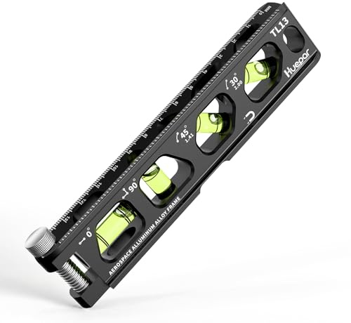 Huepar Torpedo Level, Magnetic Conduit Level with 4 Vials, 6.2 inch Aluminum Alloy Construction Spirit Level with V-Groove and Magnet Track, High Precision Bubble Level, Double Scale, Thumb Screw-TL13