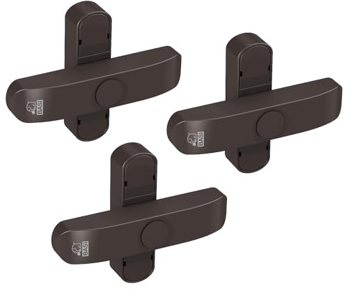 BASI | Fenstersicherung 3er Set | Weiß Braun | Zusatzsicherung für doppelflügelige Fenster Fenstertüren | verriegelbar mit Druckknopf | Schwenkriegel | Einbruchschutz | Farbe Braun | 3 Stück