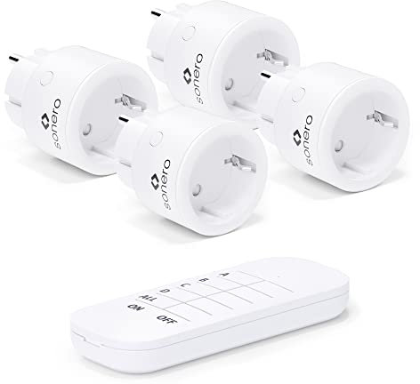 Sonero Funk-Steckdosen Set 2300 Watt | 1x Fernbedienung, 4x Steckdose für den Innenbereich, 30m Reichweite, kompaktes Design, weiß, S-RCS104, 4er Set