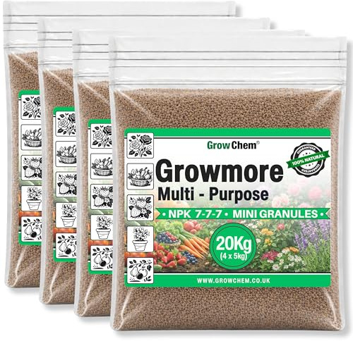 Grow Chem Growmore 20KG (4 x 5KG) All-Purpose Plant Food Outdoor Fertiliser | NPK 7-7-7 Plant Feed Granules - Balanced Fertiliser for Plants & Soil Improver - Boosts Plant Growth, Flowers, Fruits and Veg