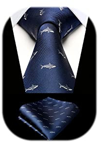 HISDERN Shark Tie for Men Navy Ties Handkerchief Novelty Animal Pattern Wedding Necktie & Pocket Square Set
